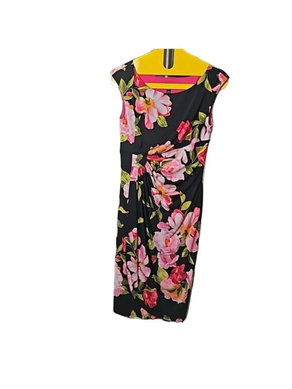 Connected Apparel Black Midi Dress Multi Color Floral Design Pleat Wrap Size 6